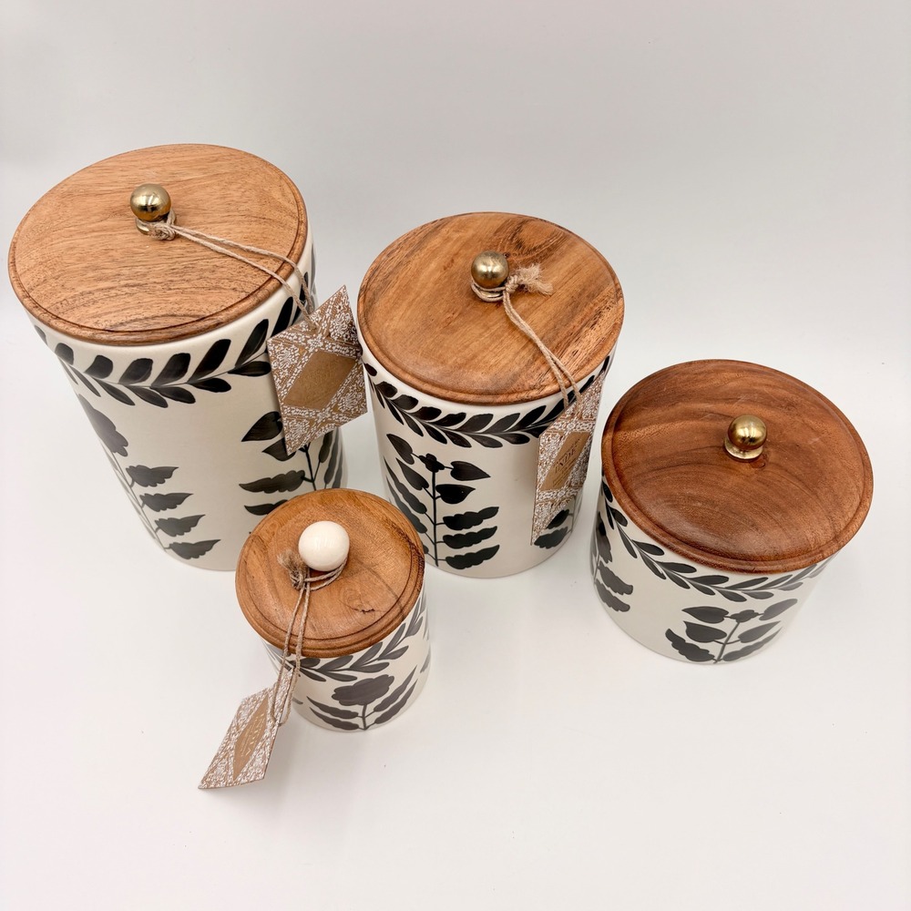 Made in India 4pc Ceramic Canister Set Black Cream Botanical Wood Lids New - Picture 6 of 6